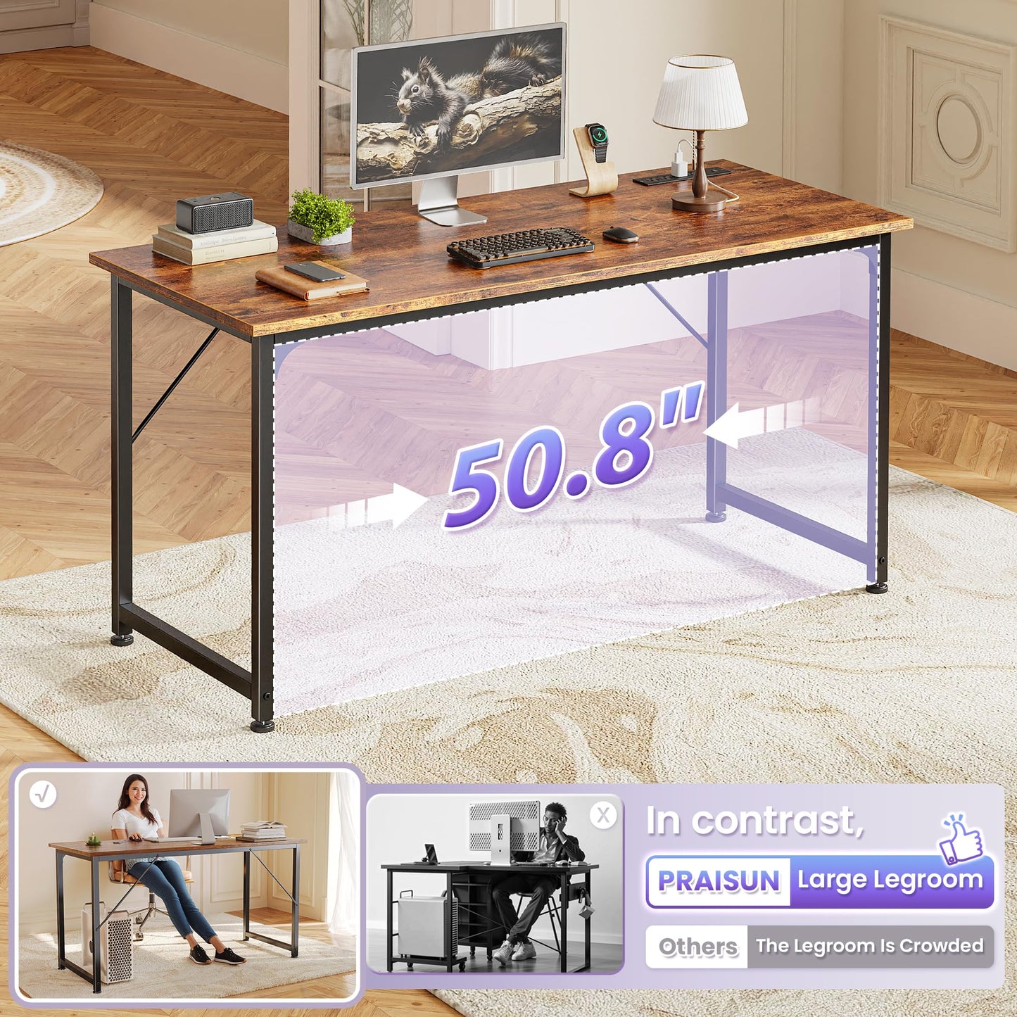 PRAISUN 55 X 20 Inch Office Computer Desk with Power Outlets and USB-C Port, Larger and Longer Gaming Desk, for Home Office, Study, Bedroom, Writing Work from Home Table, Metal Frame, Rustic Brown