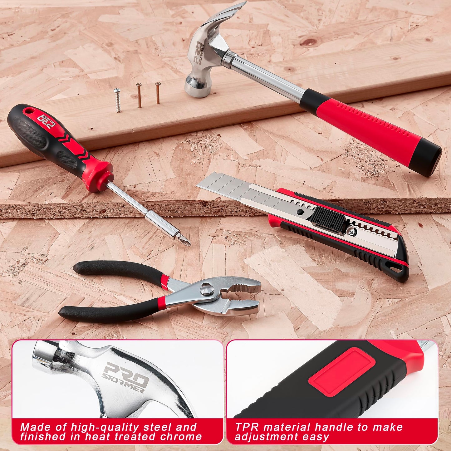 Prostormer 93-Piece Tool Kit, Basic Household Repair Tool Set with Toolbox Storage Case, Small Starter Tool Box Kit for Homeowners and College Students (Red)