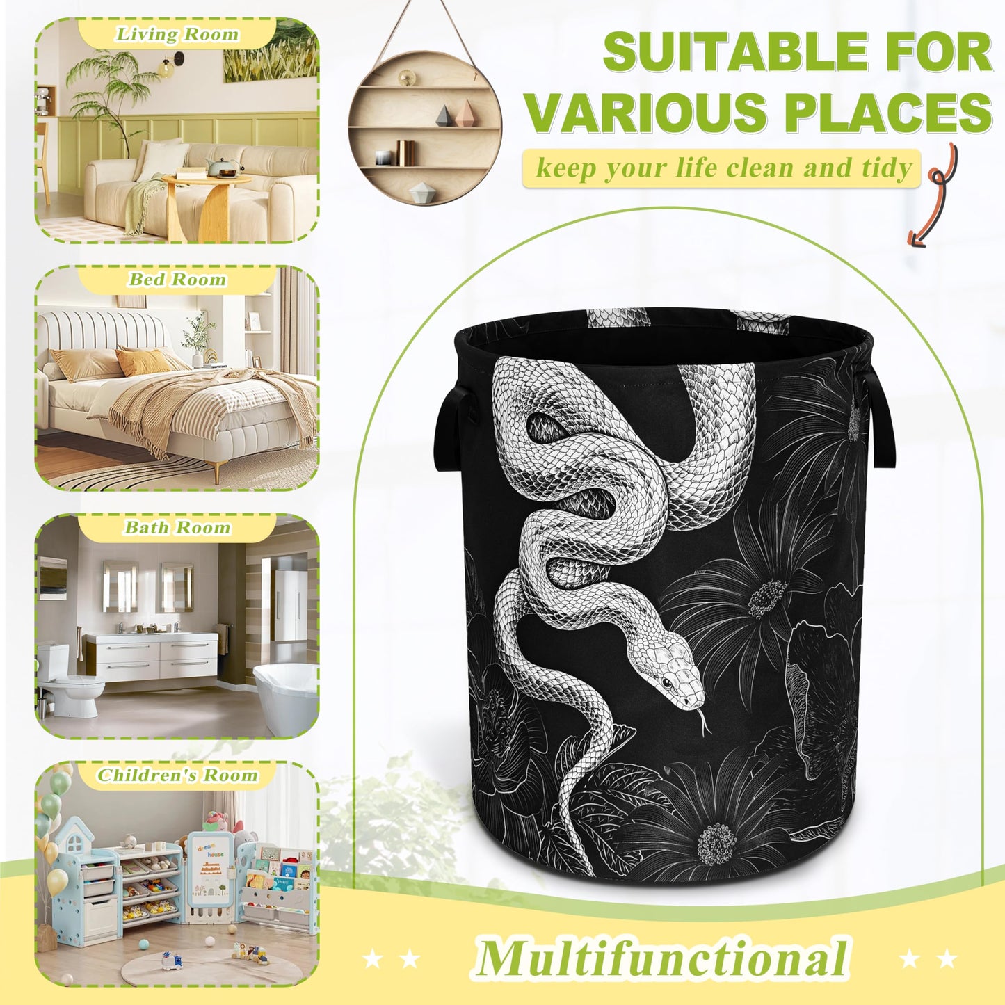 Snake Laundry Basket Floral Prints Funny Foldable Waterproof Oxford Cloth Tote Bag Laundry Hamper Round Large Clothes Storage Bucket Toy Organizer For Bathroom/Laundry Storage/Bedroom 18.9x16.5 Inch