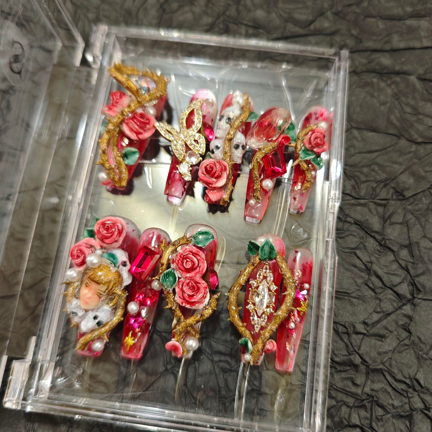 10Pcs(1Pack) Handmade Nails Press On Nails Long Square 33mm Rose Masquerade 3D Rose Pearl Mask Luxury Art Fake Nails Reusable Acrylic Stick On Nails for Women Wedding Party Daily Wear Size M