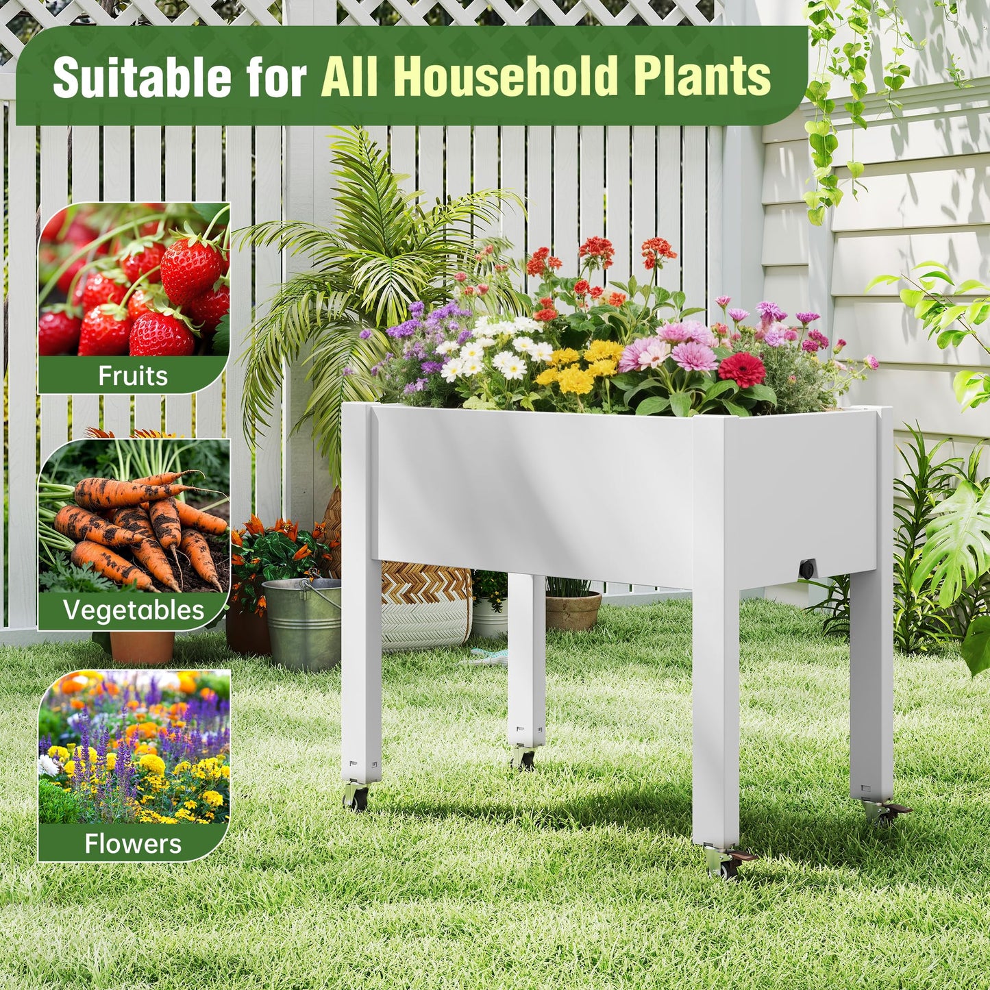 WTFGO Elevated Raised Garden Bed with Wheels - Outdoor Mobile Resin Planter Box with Drainage Holes for Vegetables Flower Herbs, Weather Resistant, Ashen (26.3" h)