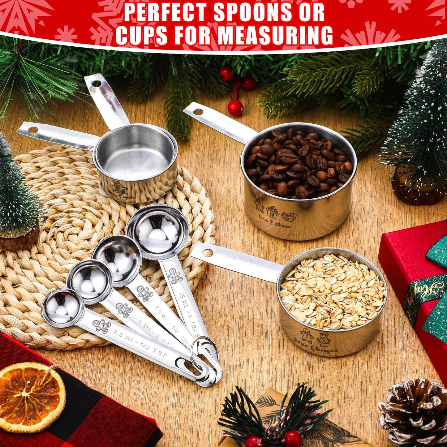Nuogo 10 Pcs Christmas Measuring Cups and Spoons Set Christmas Gift Box Include 4 Stainless Steel Measuring Cups 4 Measuring Spoons and 1 Red and Black Plaid Towel Xmas Gift for Women