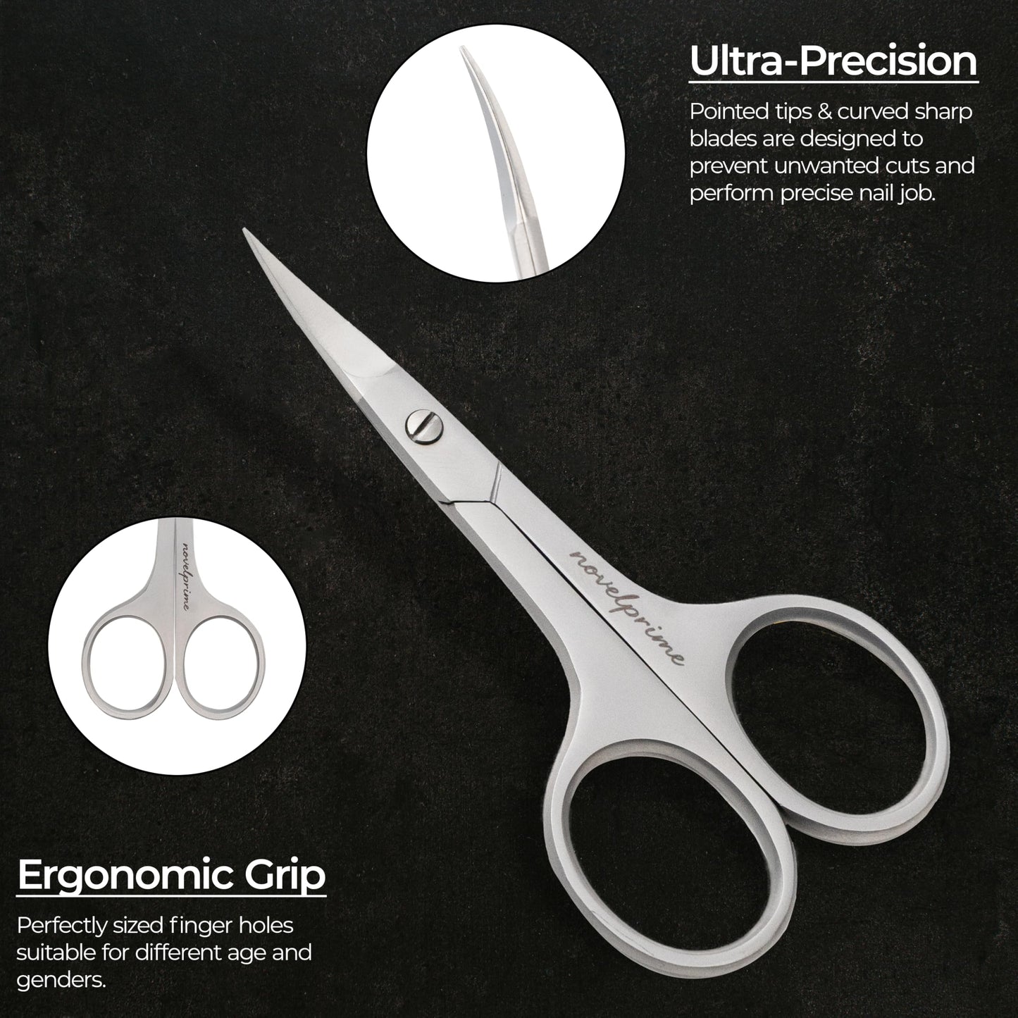 Novel Prime| Stainless Steel Cuticle Scissor with Extra Fine Curved Blade| Nail Scissors for Precise Pointed Tips| Manicure Scissors for Grooming and Eyebrows with Premium Leather Pouch (1 Count)