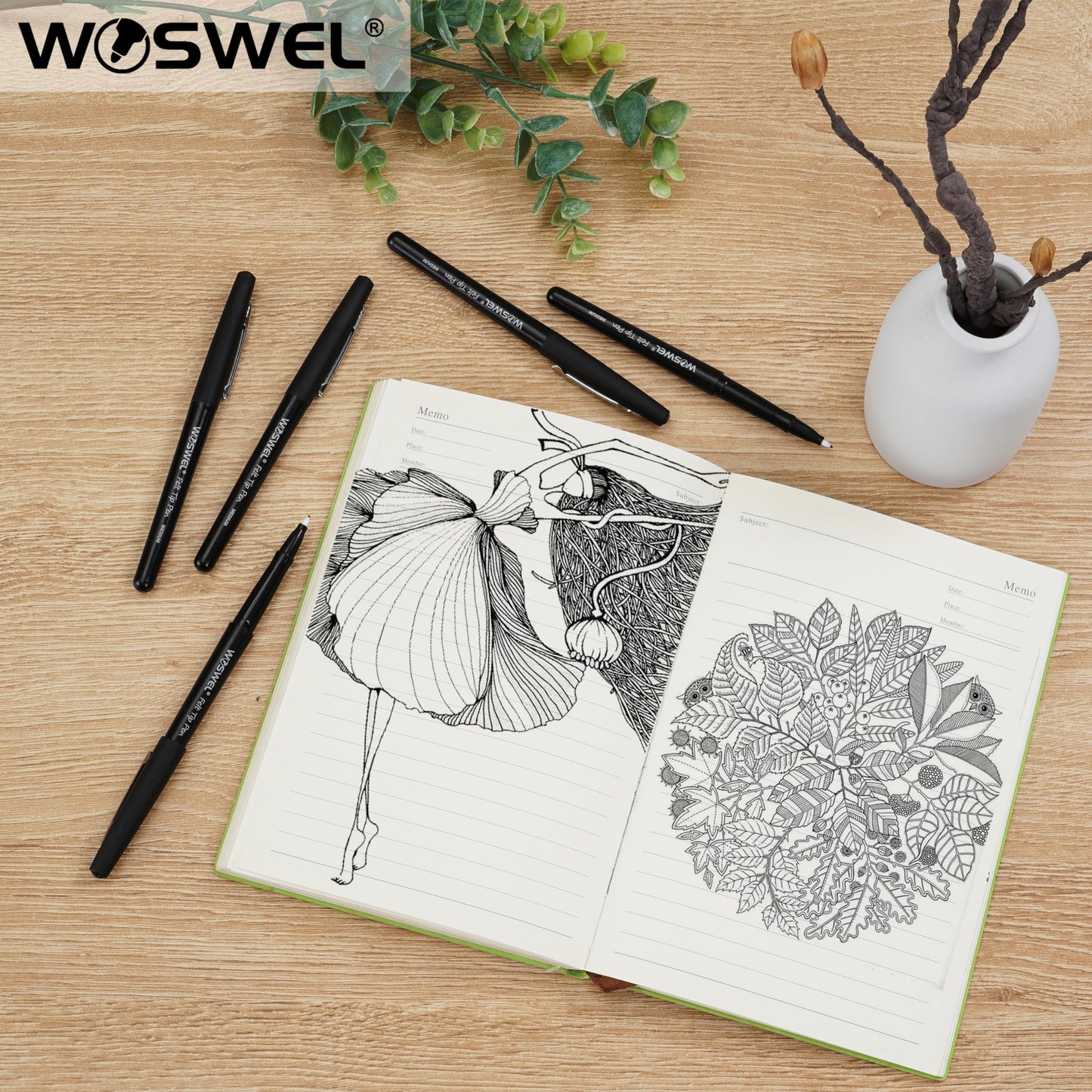 WOSWEL Black Felt Tip Pens, 32 Black Pens, 0.7mm Medium Point Felt Tip Markers Pens for Journaling, Note Taking, Planner, Writing,Drawing.Perfect for Art Office and School Supplies