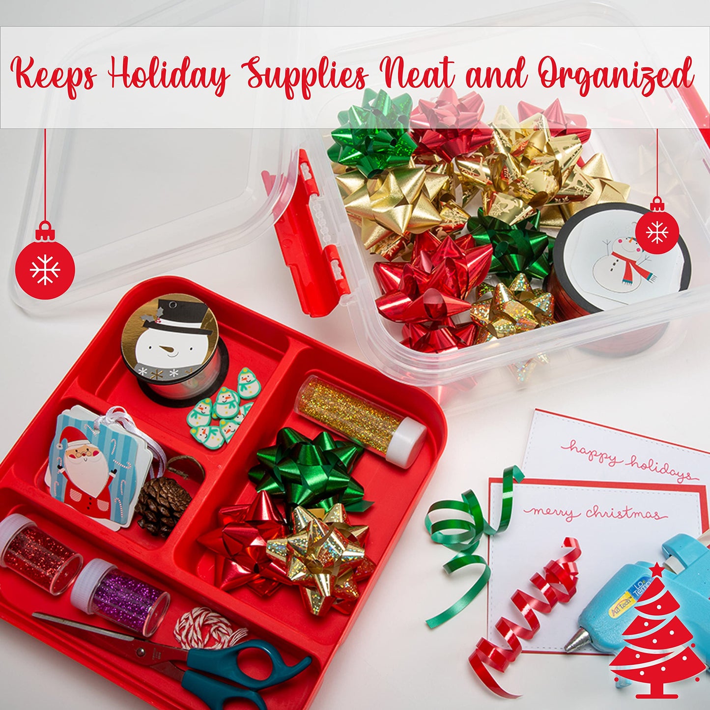 Simplify 5 Compartment Gift Supply Storage Box | 2 Tier Box | Red | Clear Top Lid | Dimensions: 9.5"x 9.5"x 4.5" | Snap Handle| Storage | Wrapping Accessories
