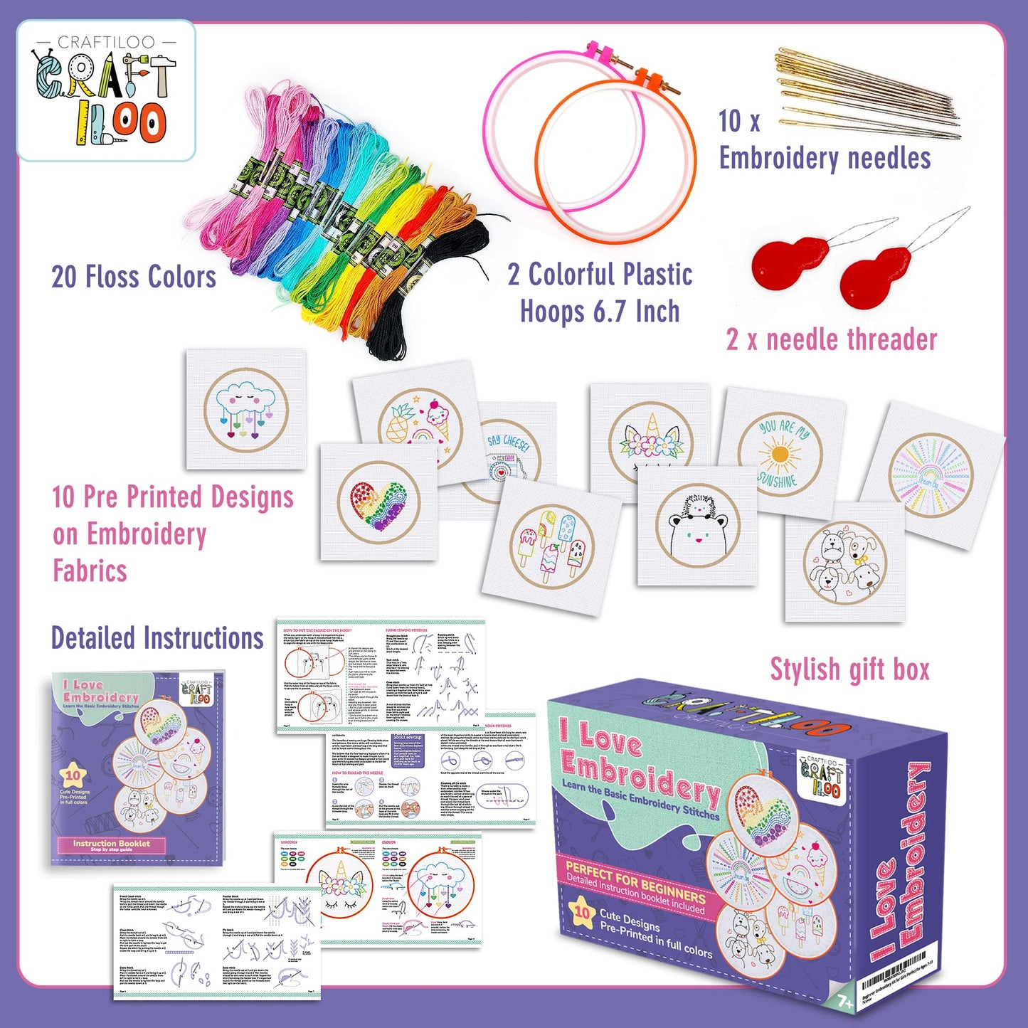 10 Pre-Stamped Embroidery Patterns for Beginners Embroidery Kit for Kids Girls Needlepoint Kits for Beginners Cross Stitch Craft Sewing Perfect for Ages 7-13