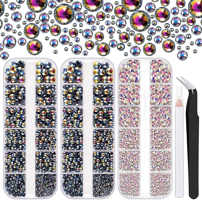 4000PCS Flatback Rhinestones and Half Round Pearls Kit #35, Multi Size Glass AB Crystals, Plastic Flat Back Black AB Dome Bead with Pickup Pencil and Tweezer for Nail Art