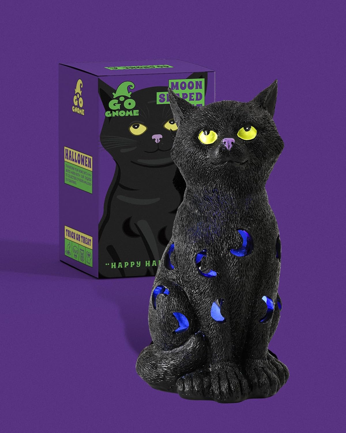 Black Cat Decor Halloween Decorations - 7.3'' Tall Resin Figurine with Moon Cutouts Color-Changing LED Flickering Lights (Halloween Cat)