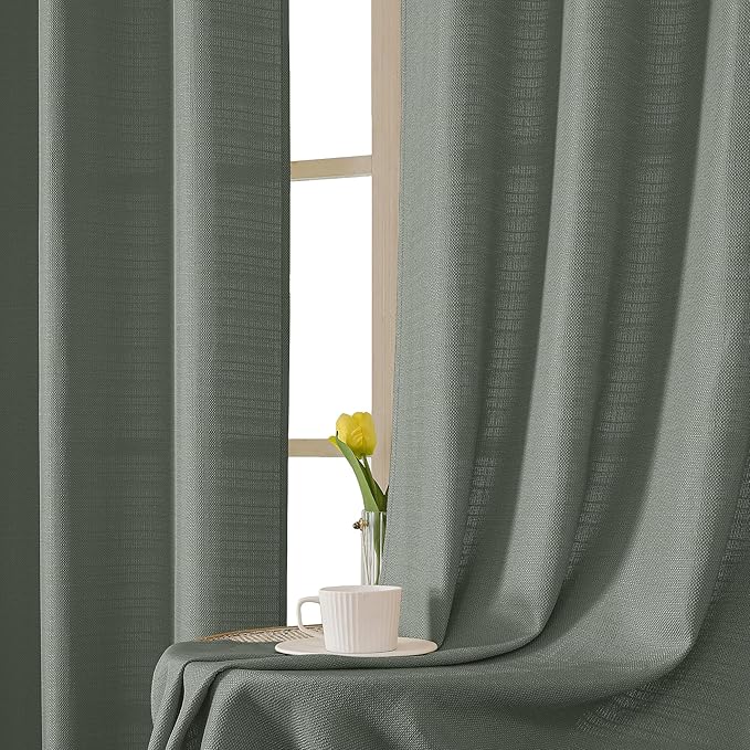 Chyhomenyc Bennet 2-Panel Olive Green Kitchen Curtains - 36 Inch Length, Faux Linen Textured Small Cafe Style, Light Filtering Short Window Curtains for Bathroom, Basement - 30x36 Inch