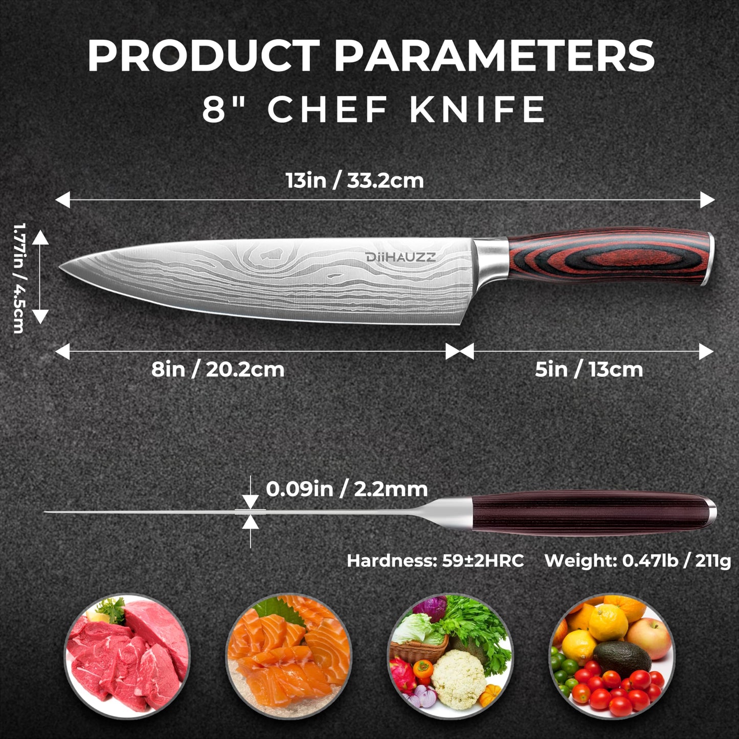 DiiHAUZZ Chef Knife, 8 Inch Ultra Sharp Kitchen Knife, High Carbon Stainless Steel Chefs Knife with Ergonomic Handle, Professional Forged with Sheath and Gift Box for Men and Women, Mothers Day Gift