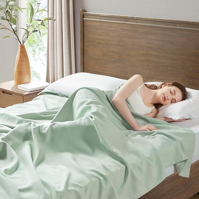 Madison Park Liquid Cotton Luxury Blanket Premium Soft Cozy 100% Ring Spun Cotton For Bed , Couch or Sofa, Twin, Sea Foam