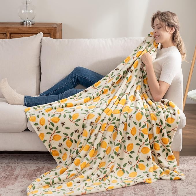 Berkshire Blanket-Classic Heavyweight Soft Printed VelvetLoft® Plush Throw Blanket, Cozy and Fuzzy, Lemons and Bees Yellow, 50in x 70in