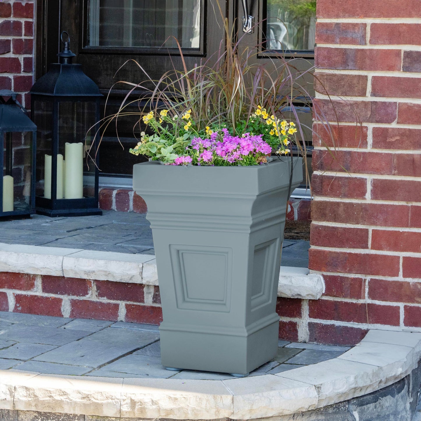 Step2 Atherton Square Planter, Large Planters for Outdoor Plants, Gardening and Flower Pot for Patio or Porch, Efficient Drainage, Durable Plastic, Sage Gray, 2-Pack