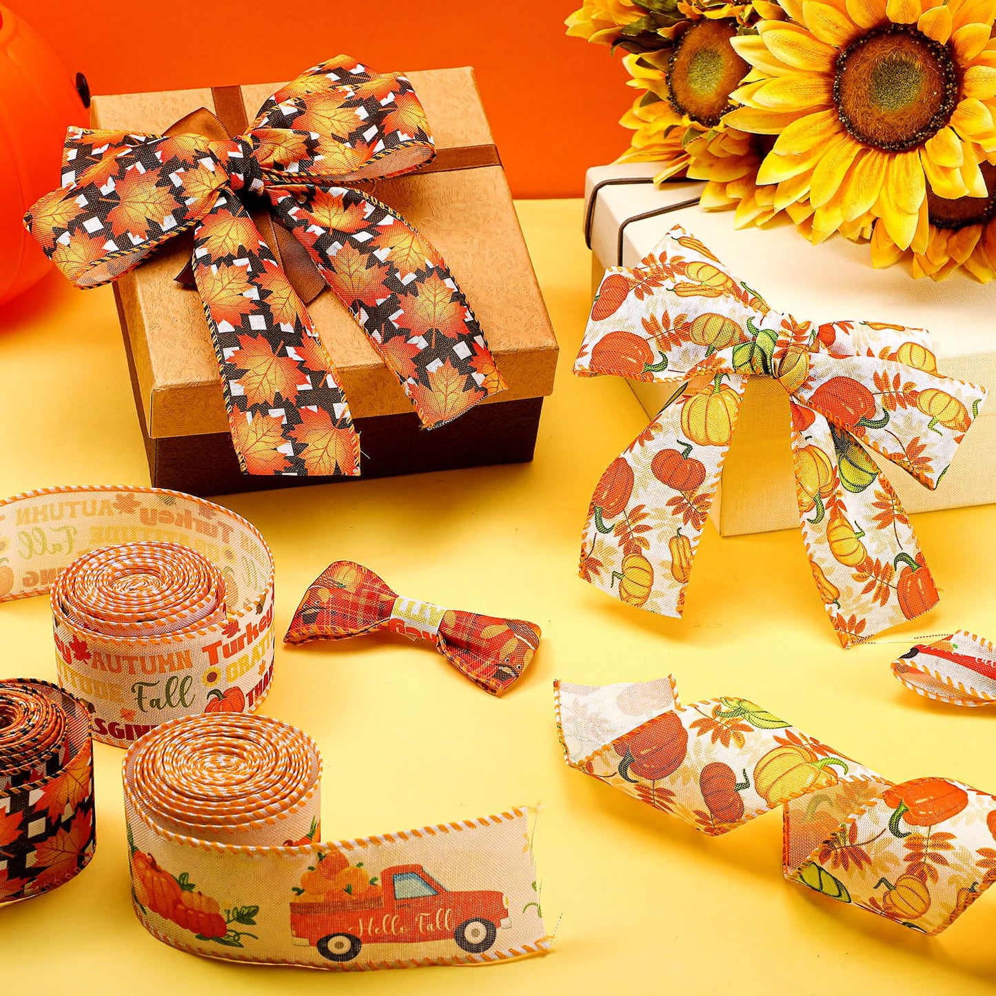 Yuxung 6 Rolls 30 Yards Thanksgiving Fall Burlap Ribbon Rolls Wired Wrapping Ribbon Buffalo Plaid Pumpkin Truck Turkey Maple Harvest Fall Thanksgiving Wreath Decoration for Craft Bow Gifts Making