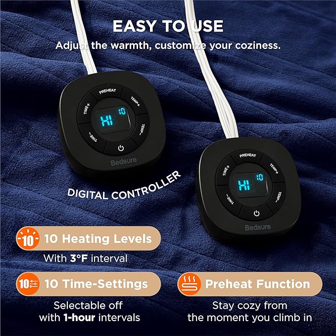 Bedsure Electric Blanket Queen Size - Dual Control Heated Blanket Queen, Fast Heating with 10 Time Settings & 10 Heat Settings, Warm Gift for Grandma (84x90 inches, Pageant Blue)