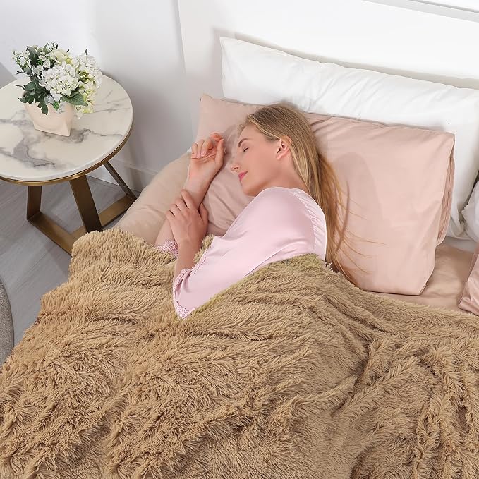 Tuddrom Decorative Extra Soft Faux Fur Blanket Twin Size,Solid Reversible Fuzzy Lightweight Long Hair Shaggy Blanket,Fluffy Plush Fleece Comfy Microfiber Throw Blanket for Couch Sofa Bed,Camel