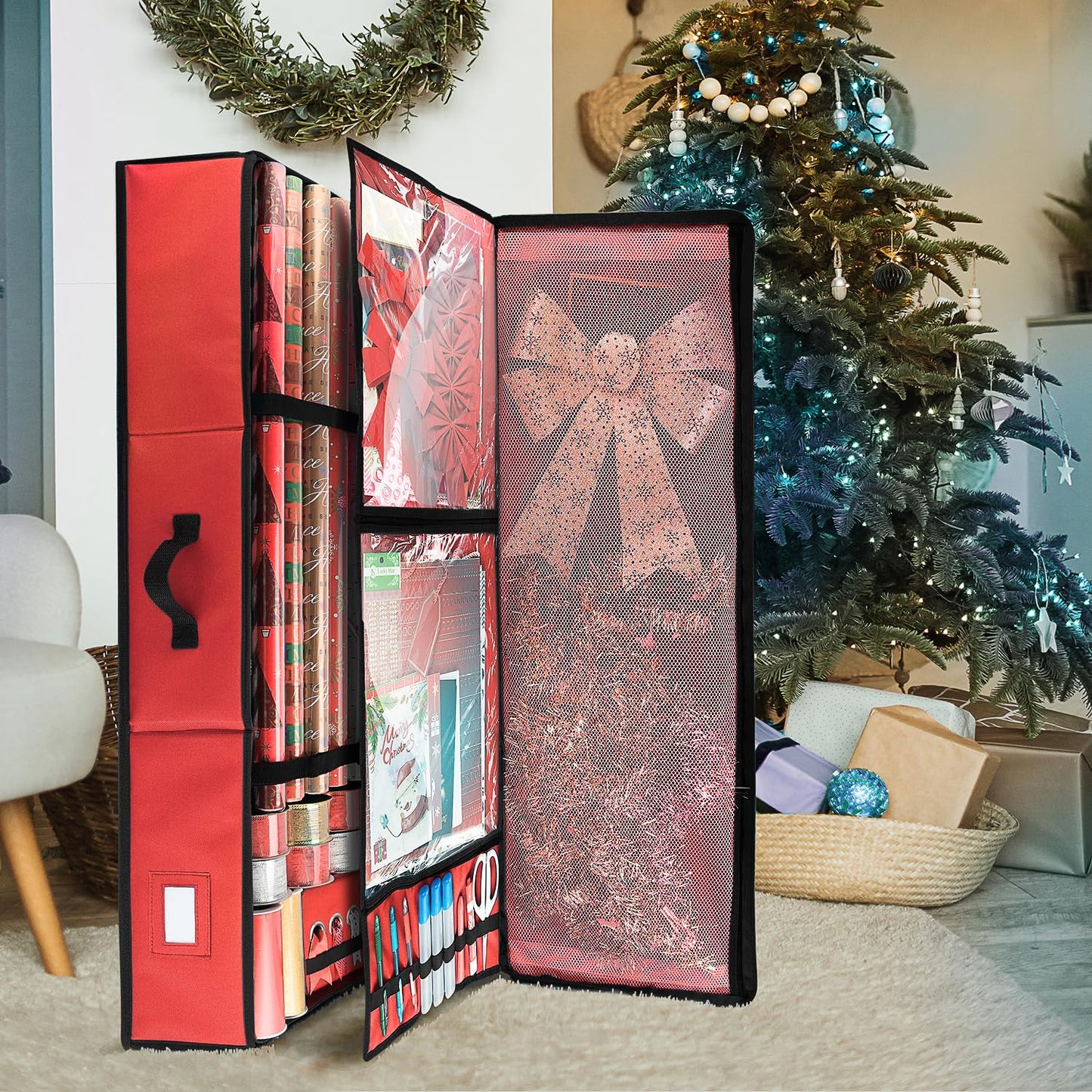 Hearth & Harbor Wrapping Paper Storage Container - Christmas Storage Bag with Ribbon Dispenser and Interior Pockets - Gift Wrap Organizer Fits Up to 26 Rolls of 40" Length, Red
