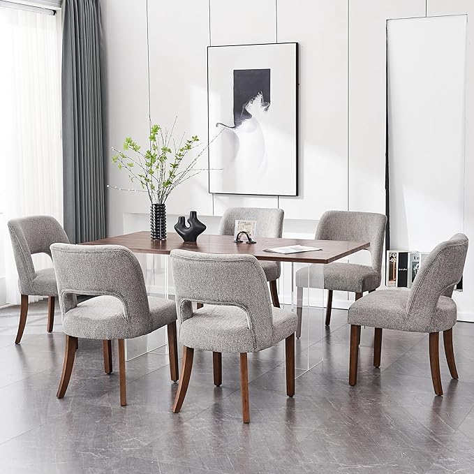 VKNOW Wooden Dining Chairs Set of 6, Modern Fabric Upholstered Dining Room Chair Kitchen Chairs, Farmhouse Dinner Chair for Kitchen Dining Room, Grey