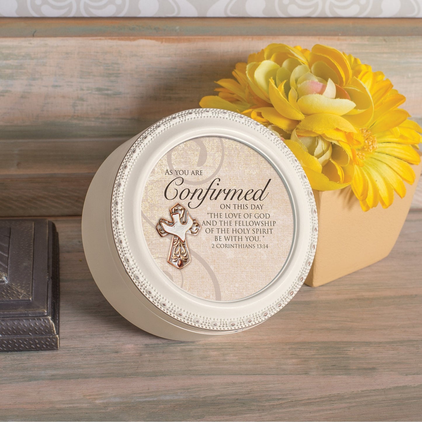 Cottage Garden Confirmed This Day The Love of God Ivory Rope Trim Petite Round Jewelry and Keepsake Box