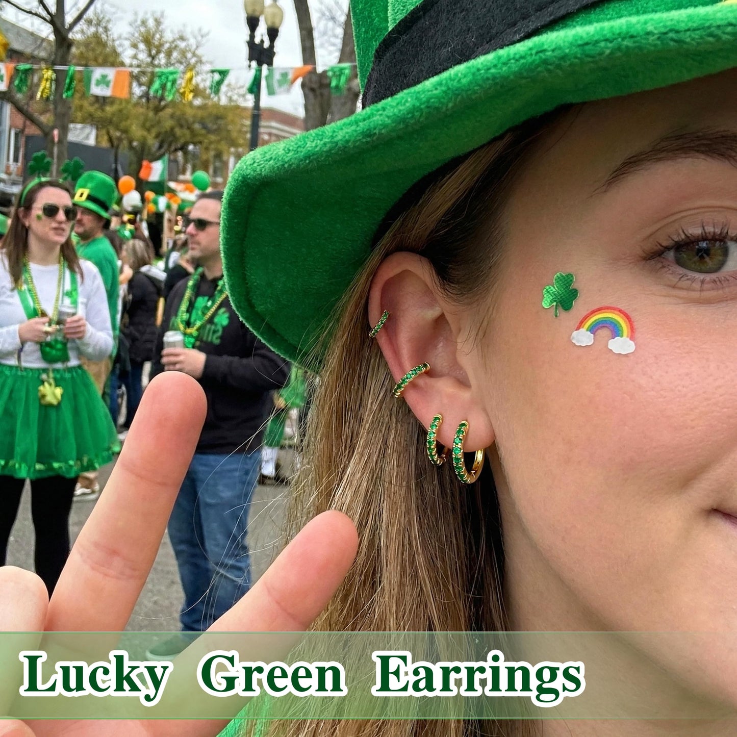 St Patrick's Day Earrings Gold Green Earrings Set for Women, Small Huggie Hoop Stack Cartilage Earring for Multiple Piercing,Green Clip On Jewelry for Women