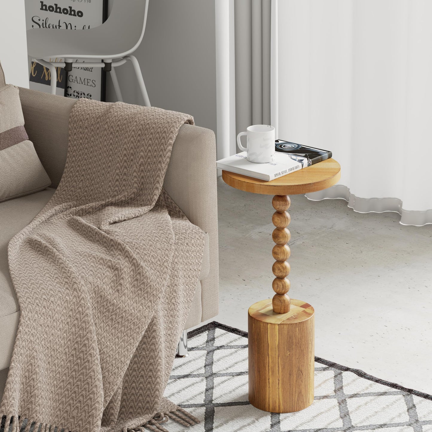 COZAYH Natural Wood End Table with Round Top and Decorative Beaded Pedestal, Farmhouse Accent Side Table Drink Table for Living Room or Small Spaces