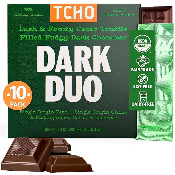TCHO Dark Duo 75% Dark Chocolate Bars (10 pack) | Plant Based, Organic & Fair Trade, | Non GMO, Non-Dairy, Vegan Chocolate, Soy Free (2.5oz each)