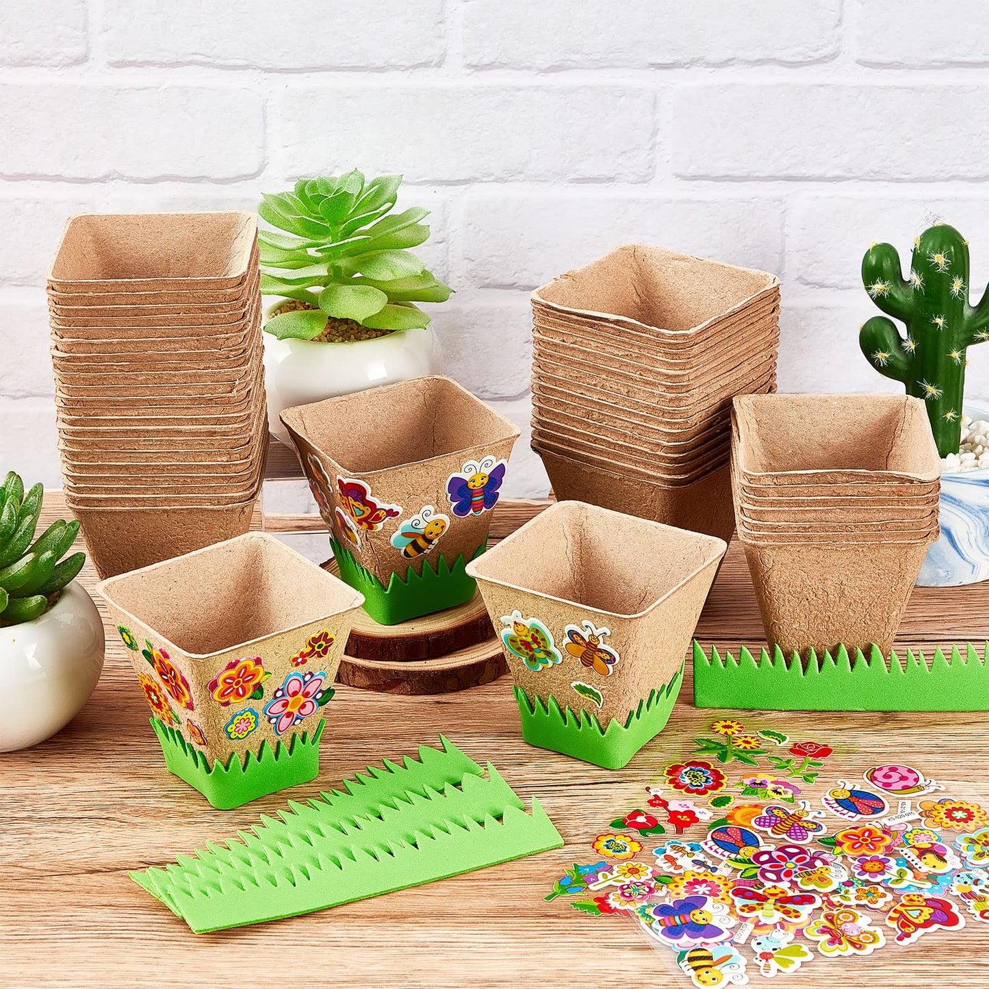 Gueevin 100 Pack Garden Paper Pot Craft Kit Flower Plant Spring Craft Including Peat Plant Pots Adhesive Foam Stickers Pot Stickers EVA Grass for Adults DIY Flower Planting Growing, Square