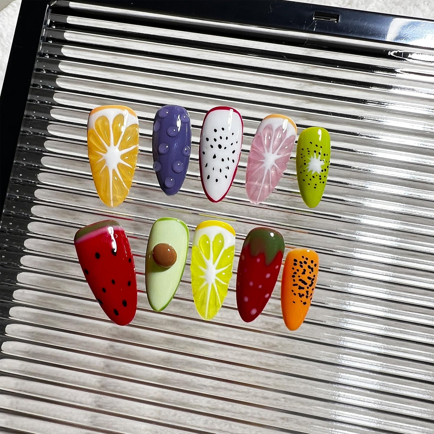 Wsliana Handmade Press On Nails - Medium Almond False Nail Tips, 3D Fruit Design, 10pcs Reusable Glue On Acrylic Fake Nails, Long-Lasting, Easy Fit | Fashionable Nail Kit | Natural Look (076, L)