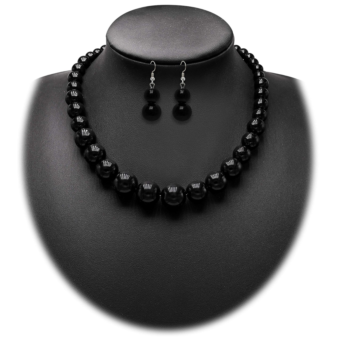 Cryshimmer Black Beads Necklace Earring Set for Women Chunky Beads Strand Statement Necklaces Costume Jewelry