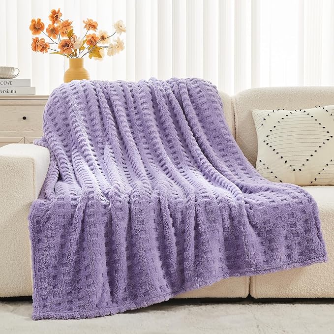 NEWCOSPLAY Super Soft Queen Blanket Lavender Premium Silky Flannel Fleece 3D Waffle Checkered Lightweight Bed Blanket All Season Use (Lavender, Queen(90"x90"))
