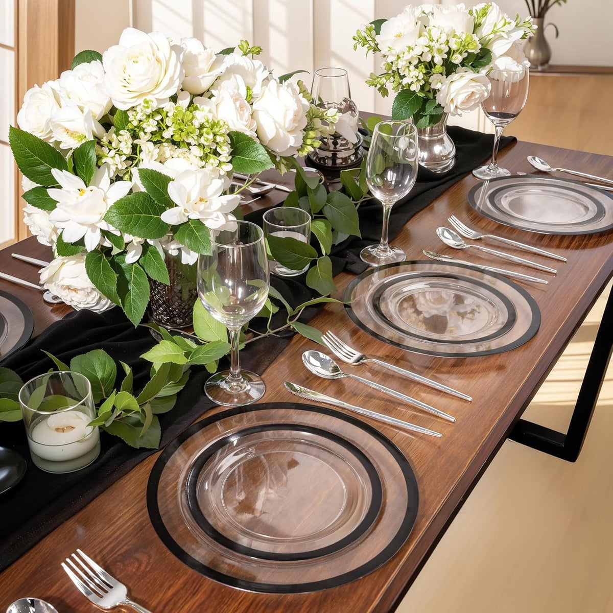 U-QE 120pcs Black Plates Disposable for Party - Clear Plastic Plates Disposable Heavy Duty - Include 60 10" Dinner and 60 7" Dessert Plate, Perfect for Party & Wedding
