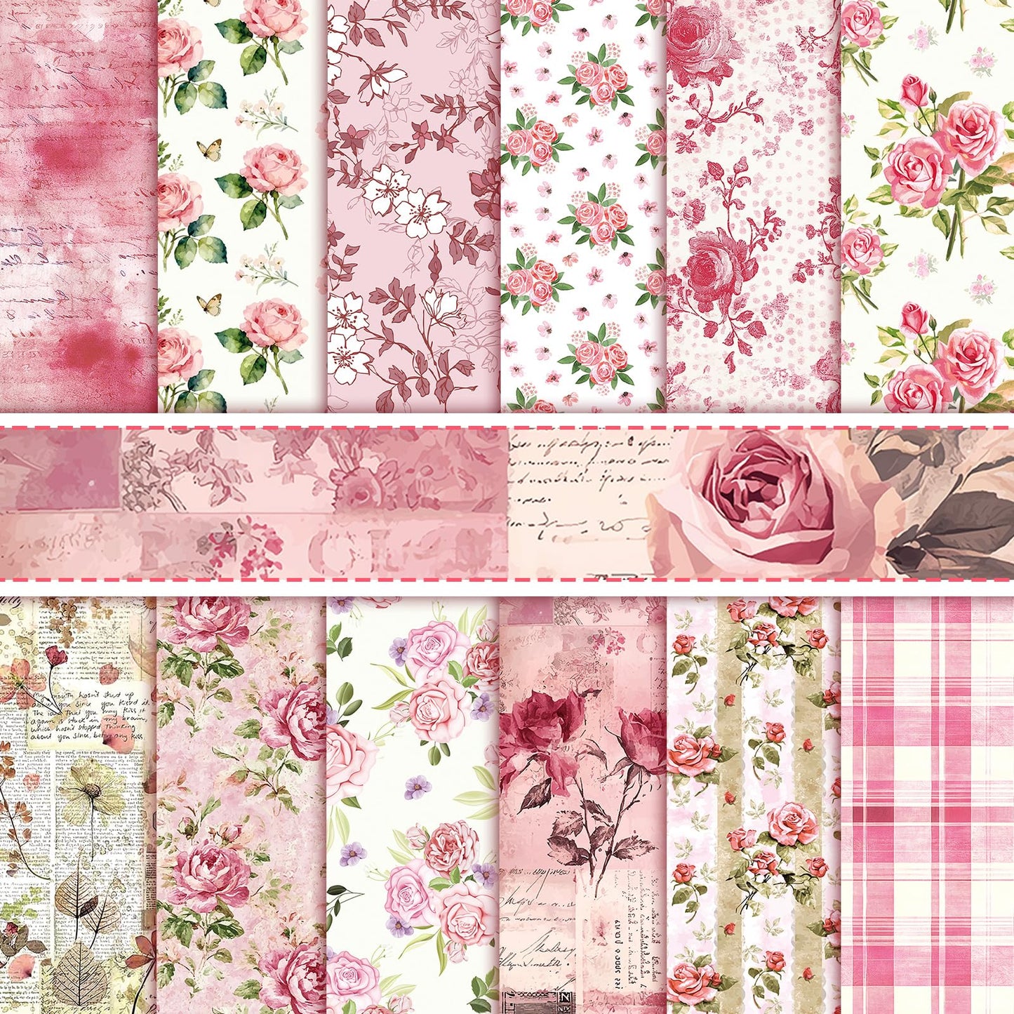 Konsait 24 Sheets Pink Flower Scrapbook Paper 12x12, Double Sided Rose Patterned Paper Floral Decorative Cardstock Pad Origami Papers for Card Making Romantic Scrapbook Supplies