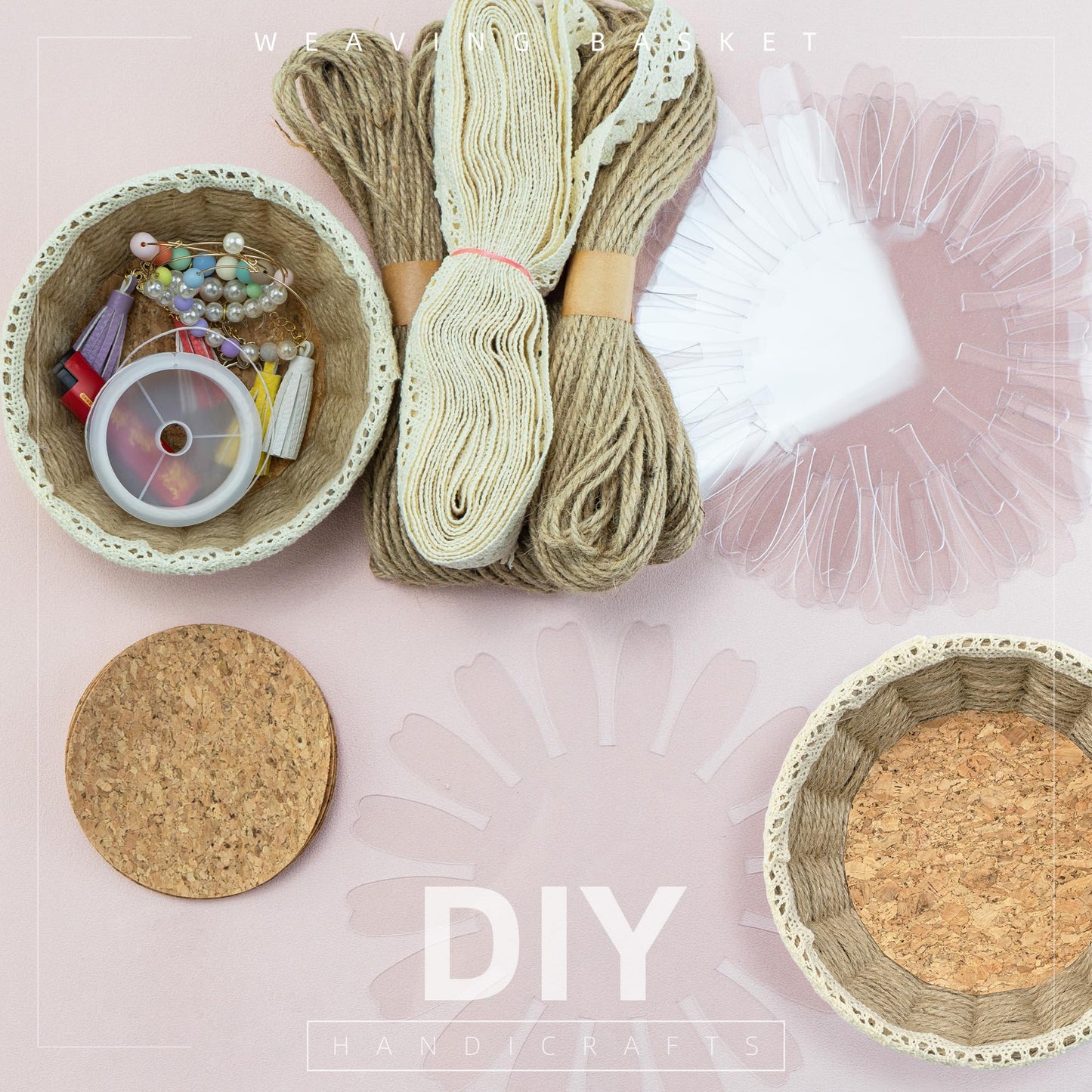 AOUXSEEM 8 Sets Basket Weaving Craft Kit for Beginners,DIY Burlap Style Desk Storage Small Parts Candy Cookies Bowls,8 inches Plastic Base and 109yd Jute Twine and Cork Linings & Lace
