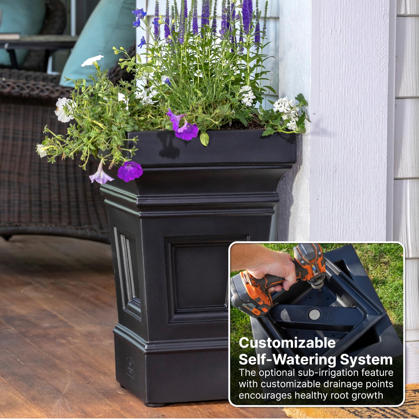 Step2 Atherton Square Planter, Large Planters for Outdoor Plants, Gardening and Flower Pot for Patio or Porch, Efficient Drainage, Durable Plastic, Onyx Black, 2-Pack