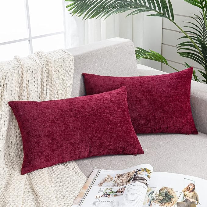 GAWAMAY Lumbar Decorative Throw Pillow Covers 12"x20" Inch Set of 2, Super Soft Chenille Rectangle Pillowcase for Living Room Bedroom Sofa Couch Cushion Pillow Cover Burgundy Red 30x50cm (ONLY COVERS)