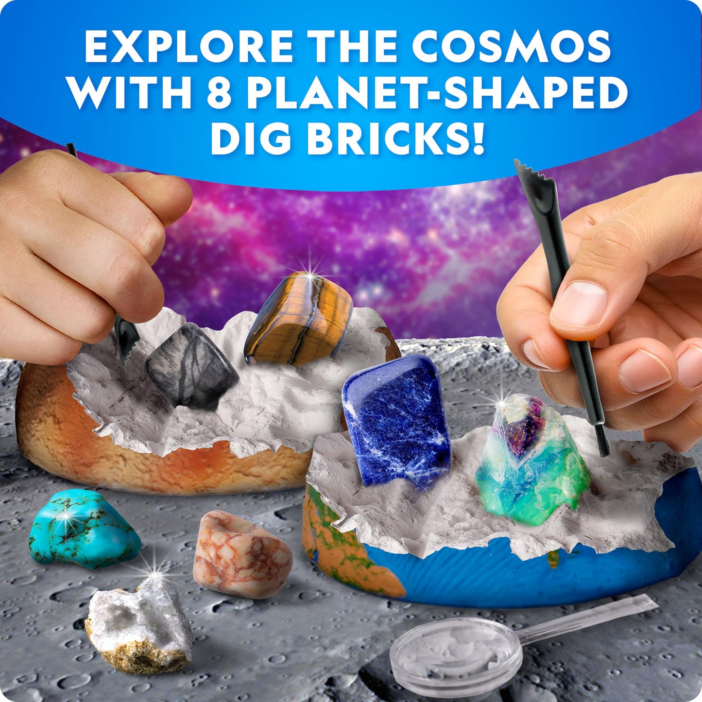 National Geographic Ultimate Space Gemstone Dig Kit – 8 Planet-Shaped Bricks with 16 Real Rock & Gemstone Specimens, Gems for Kids, Excavation Digging Activity, Gem Mining Kit