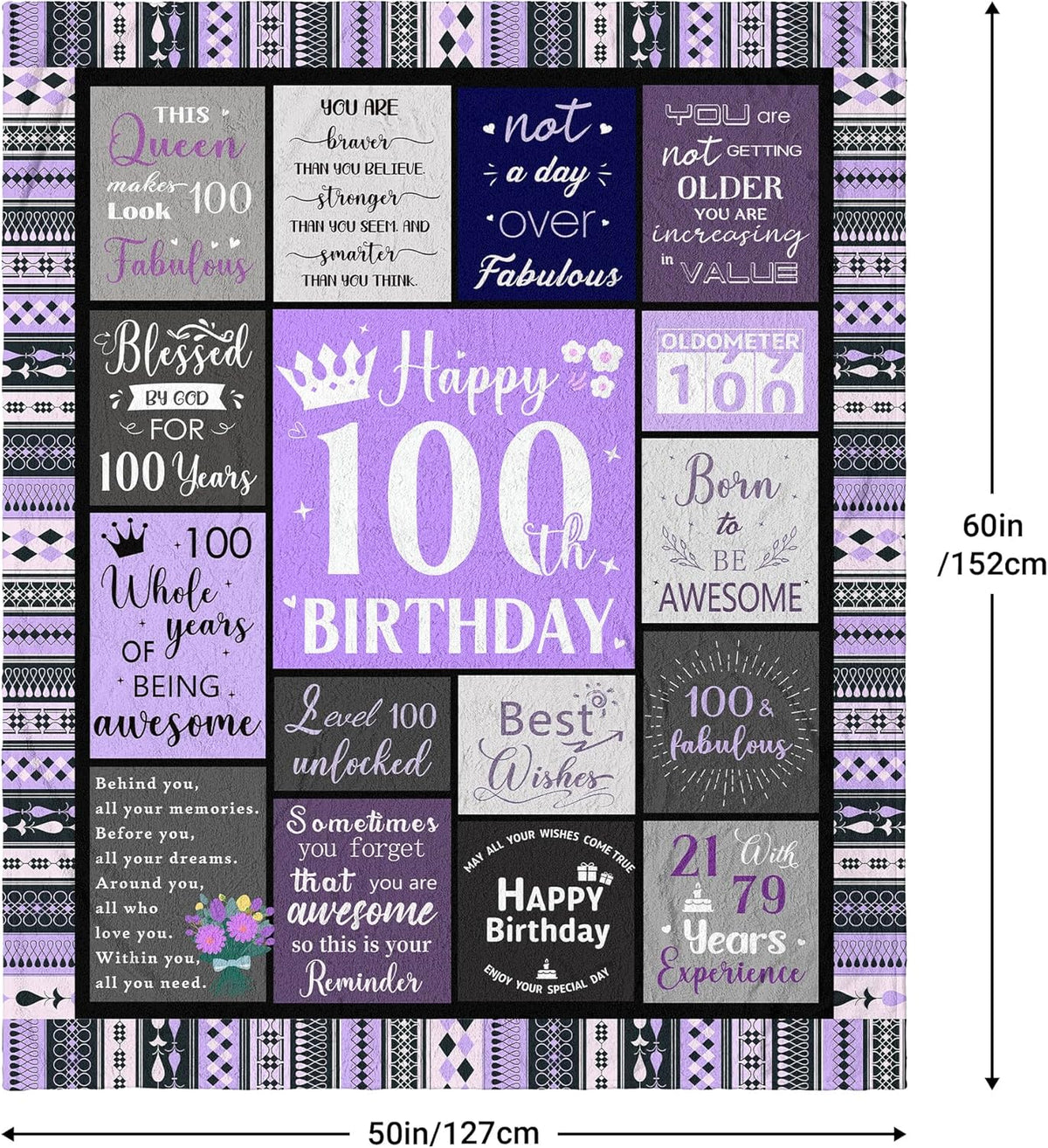 100th Birthday Gifts for Women Soft Purple Blanket 60"X50", Best Gifts for 100 Year Old Woman Decorations Party Supplies, Happy 100th Birthday Gift Ideas, 1925 Bday Present for Mom Grandma