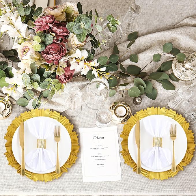 Mifoci 50 Pcs Bright Gold Charger Plates Bulk 13 Inch Plastic Round Chargers Fluted Edge Dinner Plate Wedding Decoration for Table Setting Wedding Party Event Tabletop