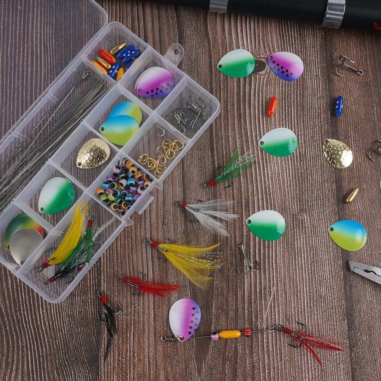 195pcs Spinner Making Kit Fishing Lure Making Kit Spinnerbaits Spinner Blade Clevis Feather Treble Hooks DIY Make Your Own Lure Set for Bass Trout Walleye Lures Fishing Gifts