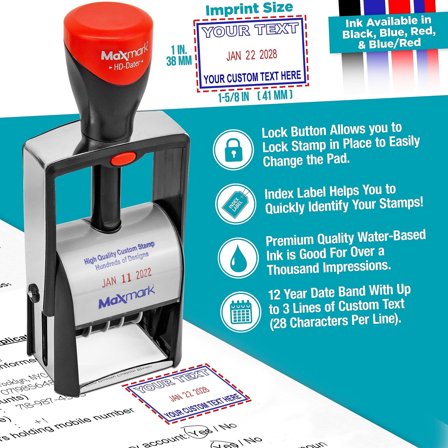 MaxMark Heavy Duty Self Inking Date Stamp with Phrase Paid - 2 Color Blue/Red Ink