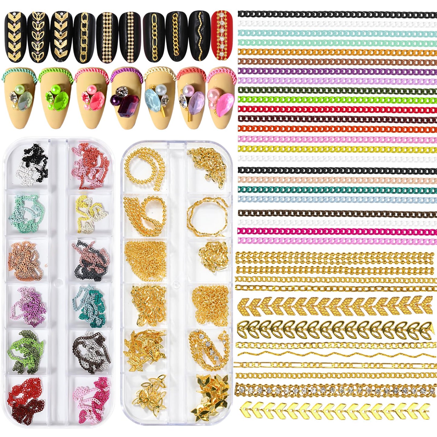 JERCLITY 2 Boxes - 36 Strips Multi-Color and Gold Metal 3D Nail Chains for Nail Art - Punk Nail Charms, Colorful Chains for Nails