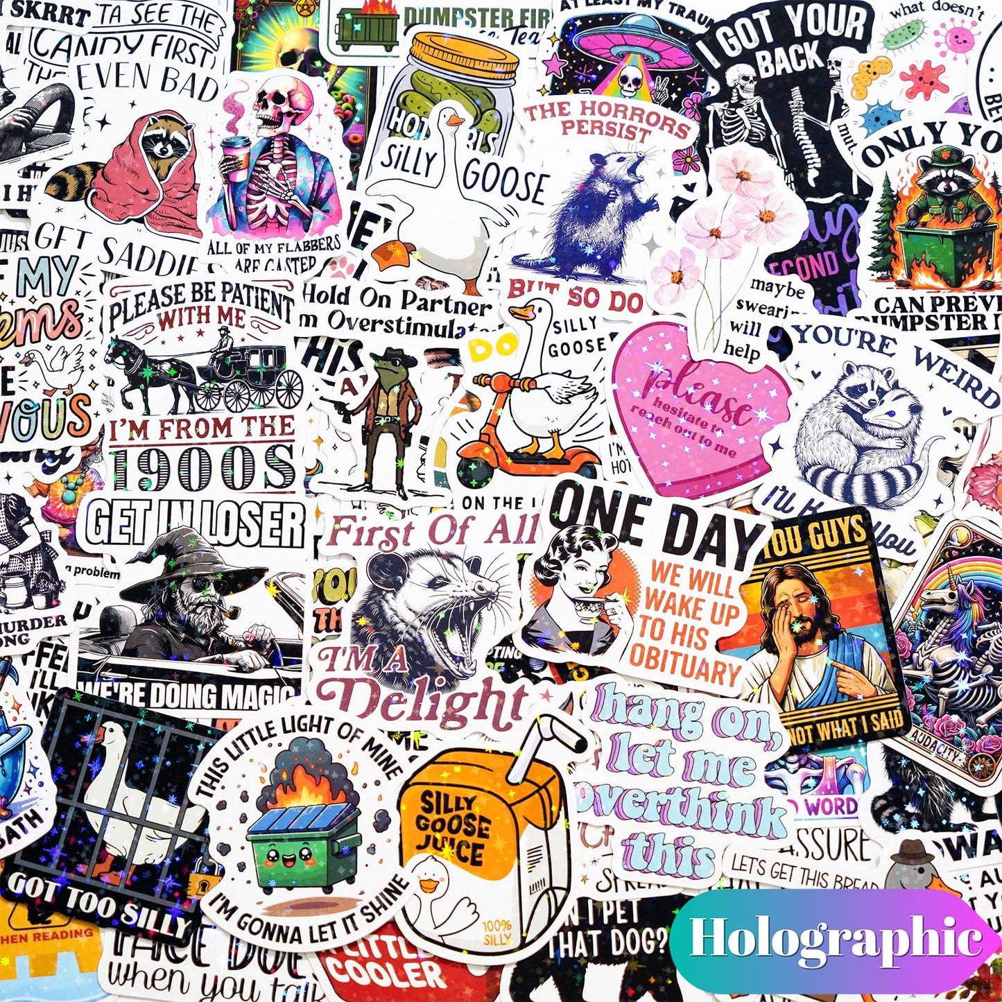 200 PCS Funny Holographic Stickers for Adults, Waterproof Vinyl Sarcastic Meme Decals for Laptop, Water Bottle, Phone, Kindle, Journal, Scrapbook, Bumper, Skateboard, Luggage, No Repeats