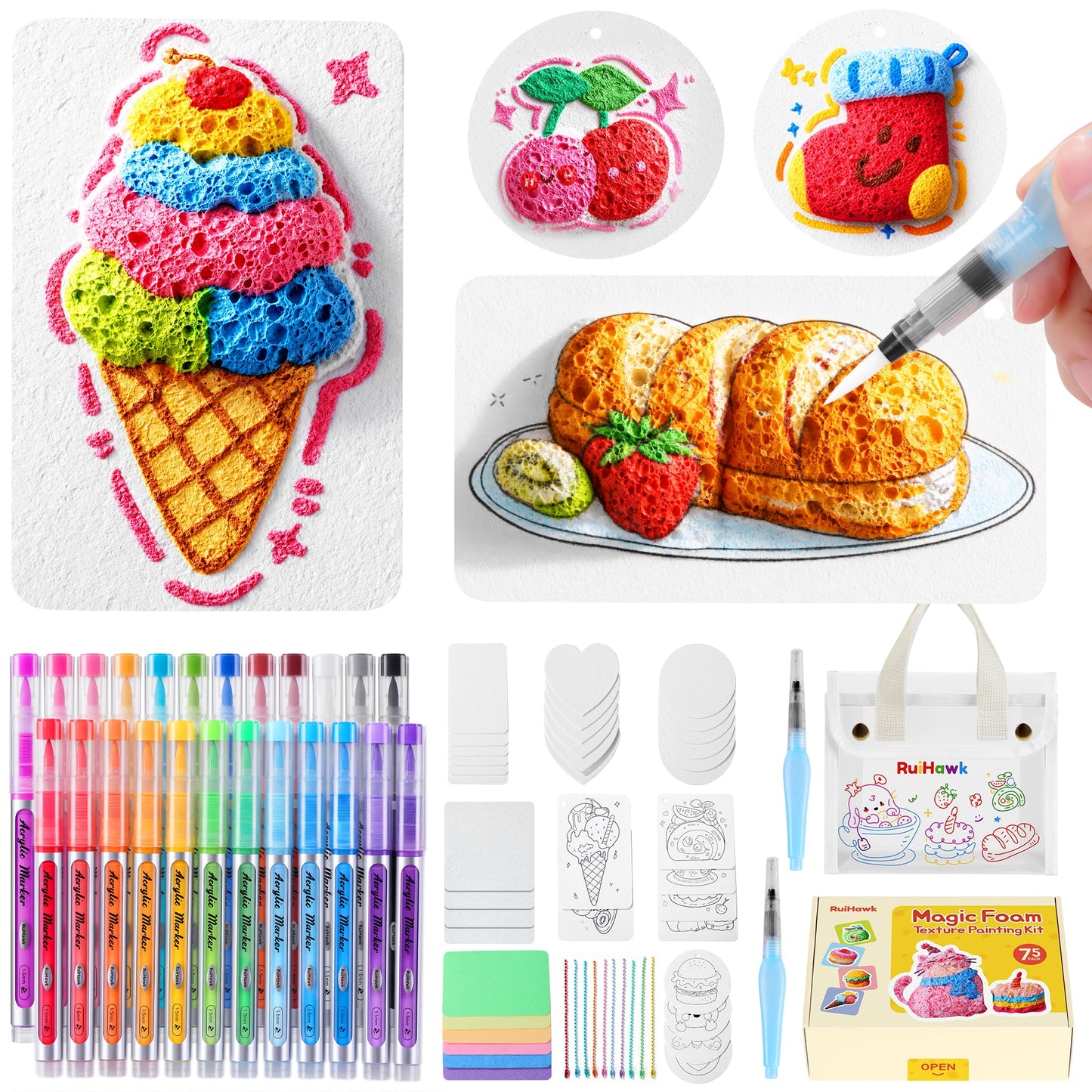 RuiHawk 3D Magic Foam Texture Painting Kit, 75 Pcs Puff Paint Art Supplies with 24 Auto-Flow Markers, 38 Texture Sheets & 10 Bead Necklace, Non-Toxic Creative Puffy Paint Gift for Boys Girls Ages 4-12