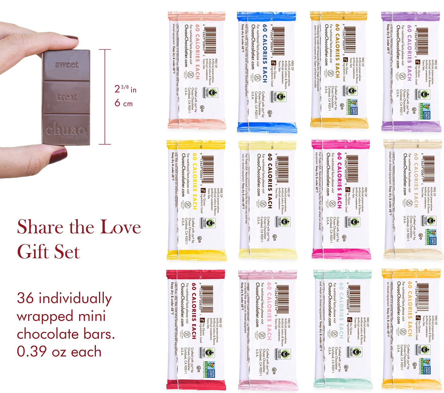 Chuao Chocolatier Share the Love Assorted Milk and Dark Mini Gourmet Chocolate Bars Gift Box | Sampler For Holiday, Birthday, Thank You, Corporate Gift Baskets | 36 Bars, 0.39 oz Each