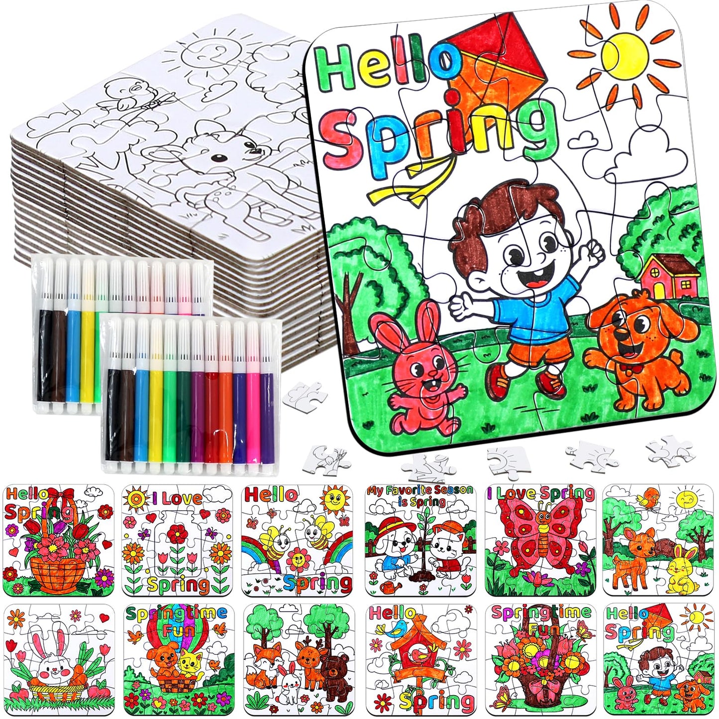 24Pcs Spring Crafts for Kids & Adults Bulk, Spring toddler Art and Craft DIY Puzzle Kits with Flower Butterfly Bee Bunny, Easter Jigsaw for School Classroom Activity April Party Favors & Gift Supplies