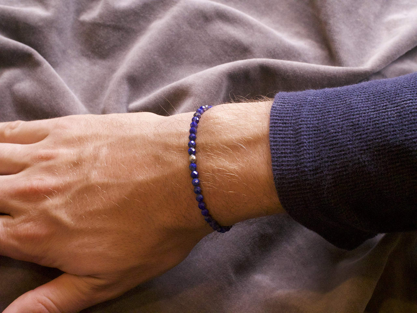 BERGERLIN Genuine lapis lazuli bracelet with 925 Sterling silver - real lapis lazuli bracelet with 4mm pearls, faceted - Size L