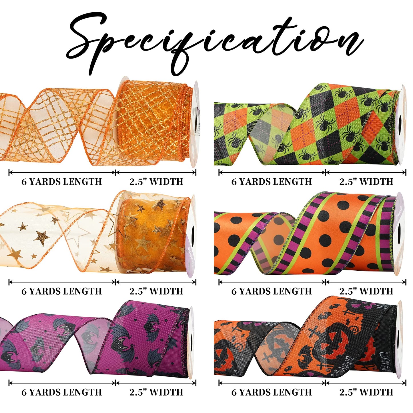 MEEDEE Halloween Wired Ribbon - 6 Rolls, 36 Yards, Black & Orange, Buffalo Plaid & Pumpkin Designs for Wreaths