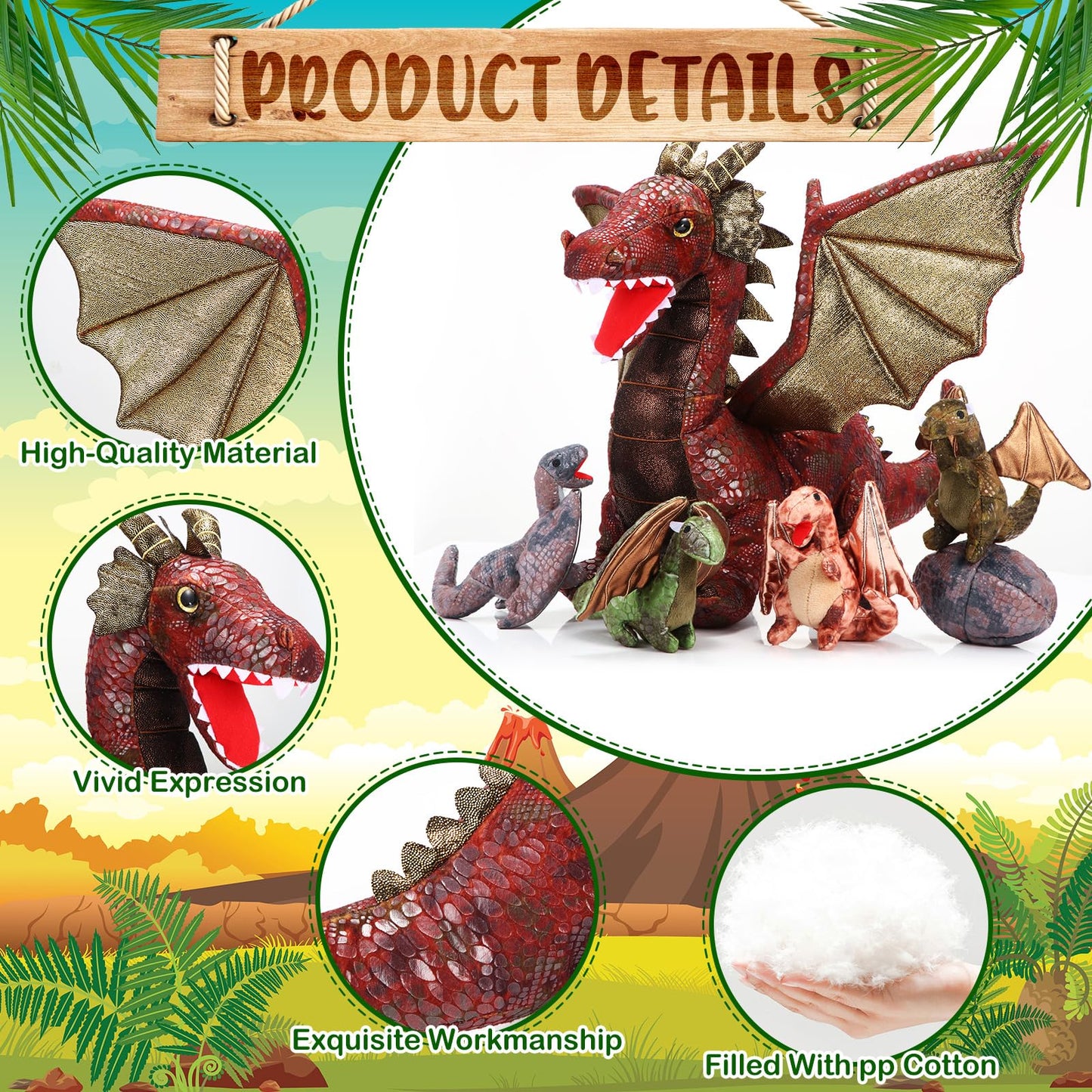 Deekin 7 Pcs Dragon Toy Set 16 Inch Large Dragon Stuffed Animal with 4 Baby Plush and 2 Eggs in Mommy's Belly Dinosaur Plushies Gifts for Boys Girls Birthday(Retro Style)