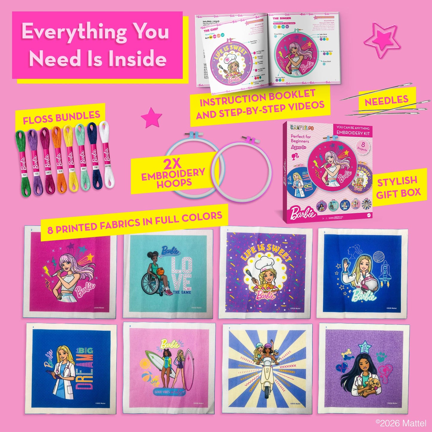 Barbie® Kids Embroidery Kit for Girls Ages 8-12 - Beginner Craft Kit with 8 Designs, 2 Hoops, Thread & Needles - Sewing Arts and Crafts Gift Set