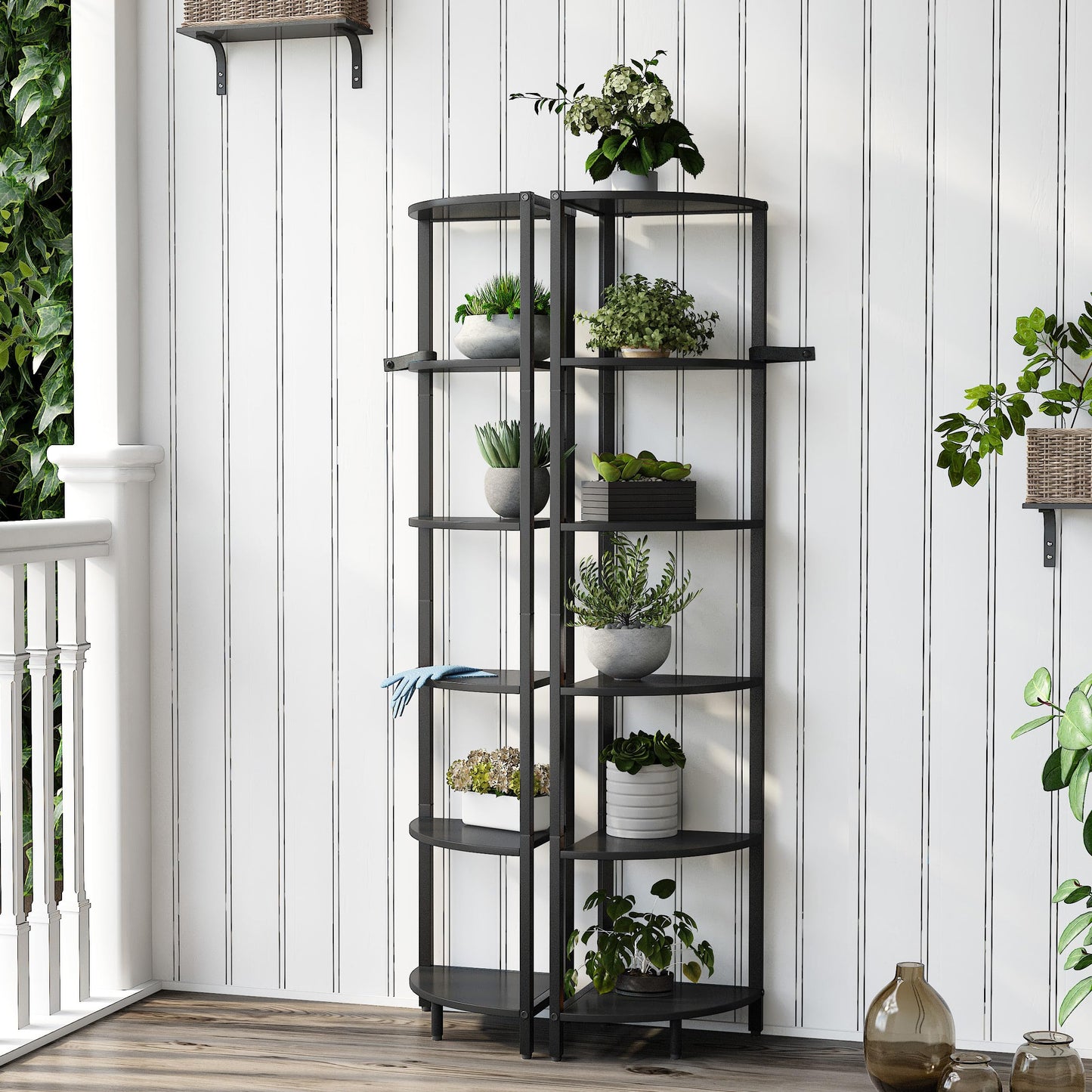IRCPEN 6 Tier Corner Shelf 63.1" Tall Corner Shelves Stand Ladder Shelf Standing Bookshelf Organizer Display Rack Bookcase Plant Stand Industrial Rustic Style for Living Room Bedroom Black CS-001BW